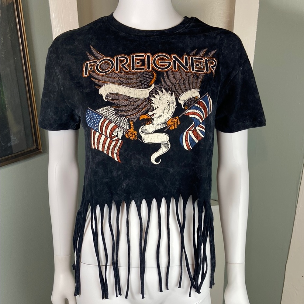 NWOT Foreigner American Eagle Flag Cropped Fringe T-Shirt Tee Shirt Top Small S